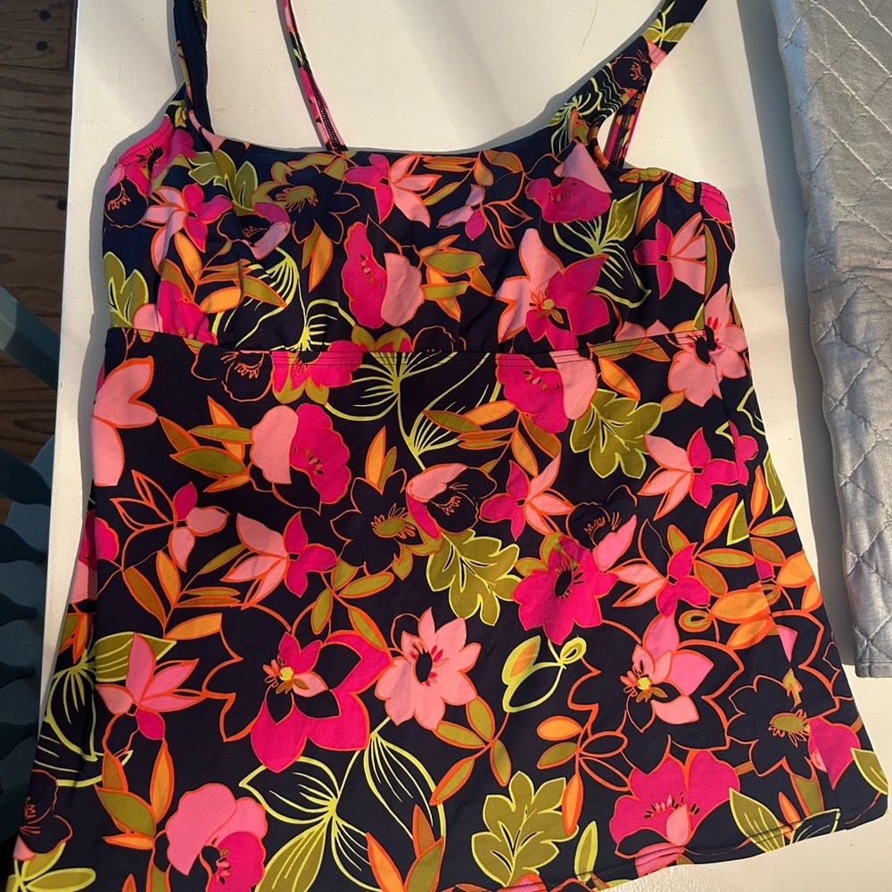 Floral Navy Tankini Top with Pink & Orange Blooms